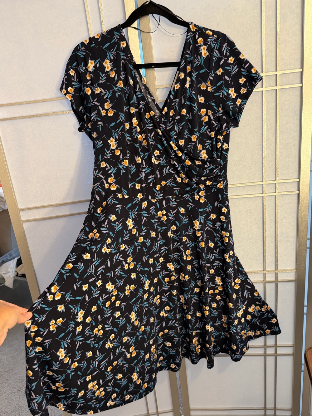 Kaileigh Black Floral Wrap Dress with Yellow & Teal Accents